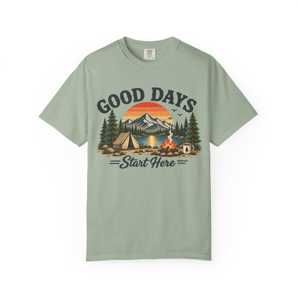 Good Days Start Here Camping T-Shirt — Retro Mountain Sunset Outdoor Tee