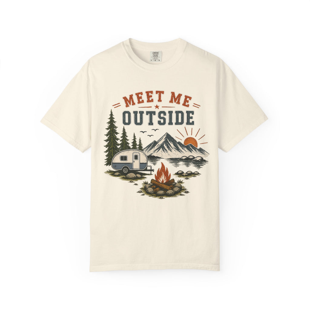 Meet Me Outside Camping T-Shirt — RV Camper, Mountains & Campfire Outdoor Tee