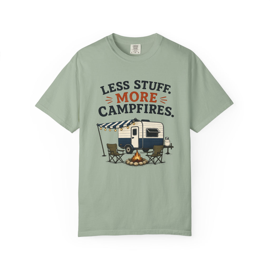 Camping T-Shirt — "Less Stuff, More Campfires" RV & Campfire Graphic Tee