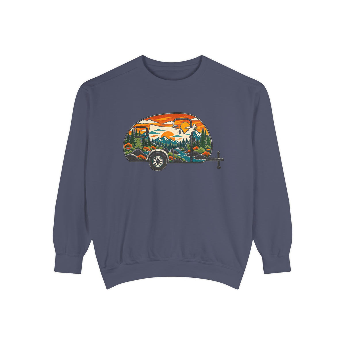 Camper Sunset Sweatshirt — Retro Teardrop Trailer Graphic Pullover