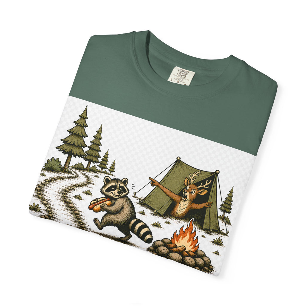 Camping T-Shirt — "Walk Around. It Builds Character." Retro Raccoon Campfire Design