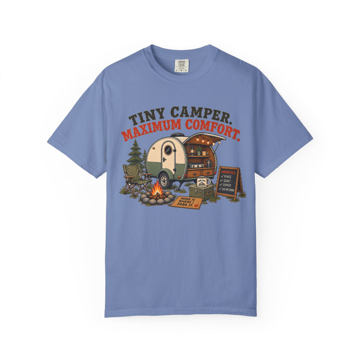 Tiny Camper T-Shirt — “Tiny Camper, Maximum Comfort” Retro Camping Tee