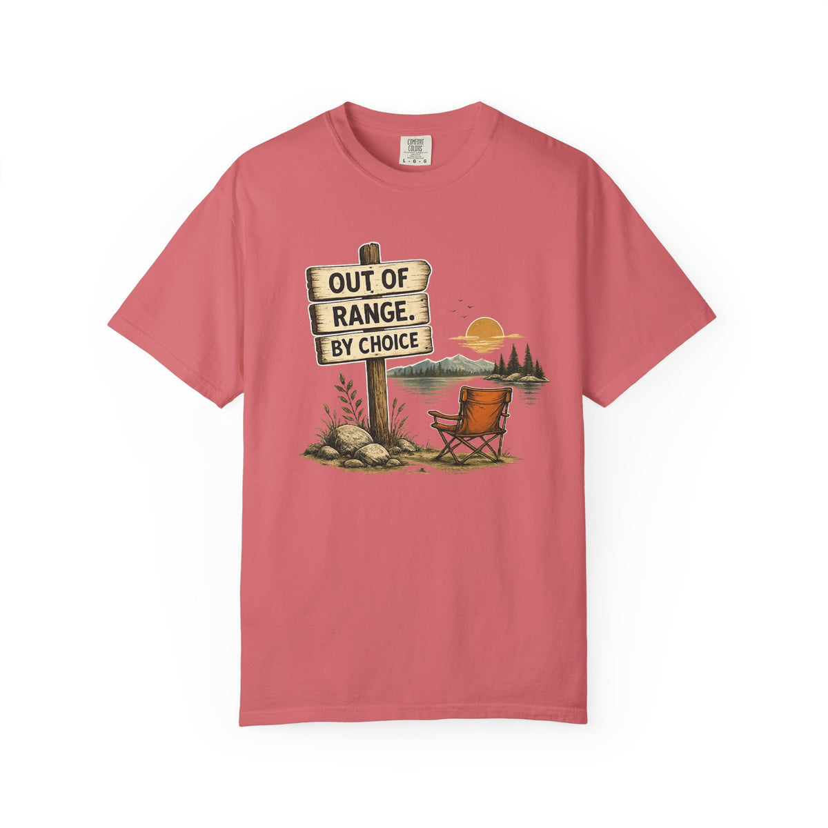 Camping T-Shirt — "Out of Range by Choice" Outdoor Relaxing Graphic Tee