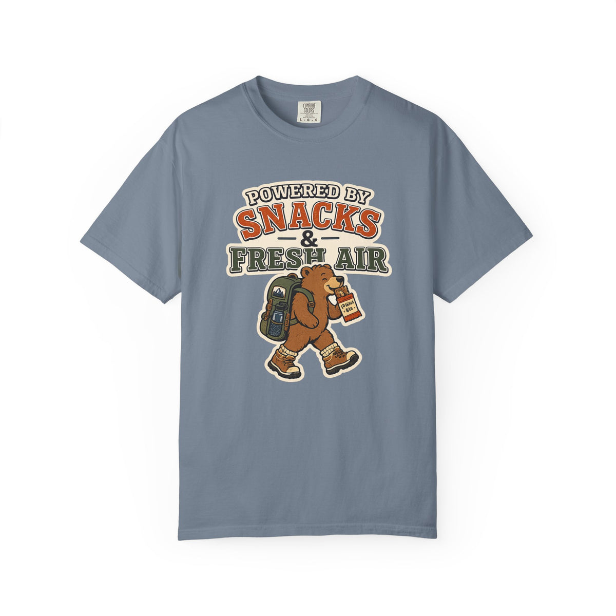 T-Shirt — "Powered by Snacks & Fresh Air" Hiking Bear Graphic Tee