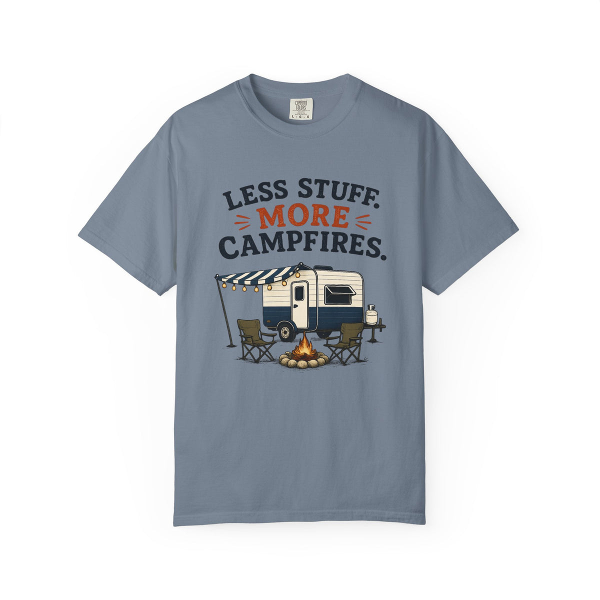 Camping T-Shirt — "Less Stuff, More Campfires" RV & Campfire Graphic Tee
