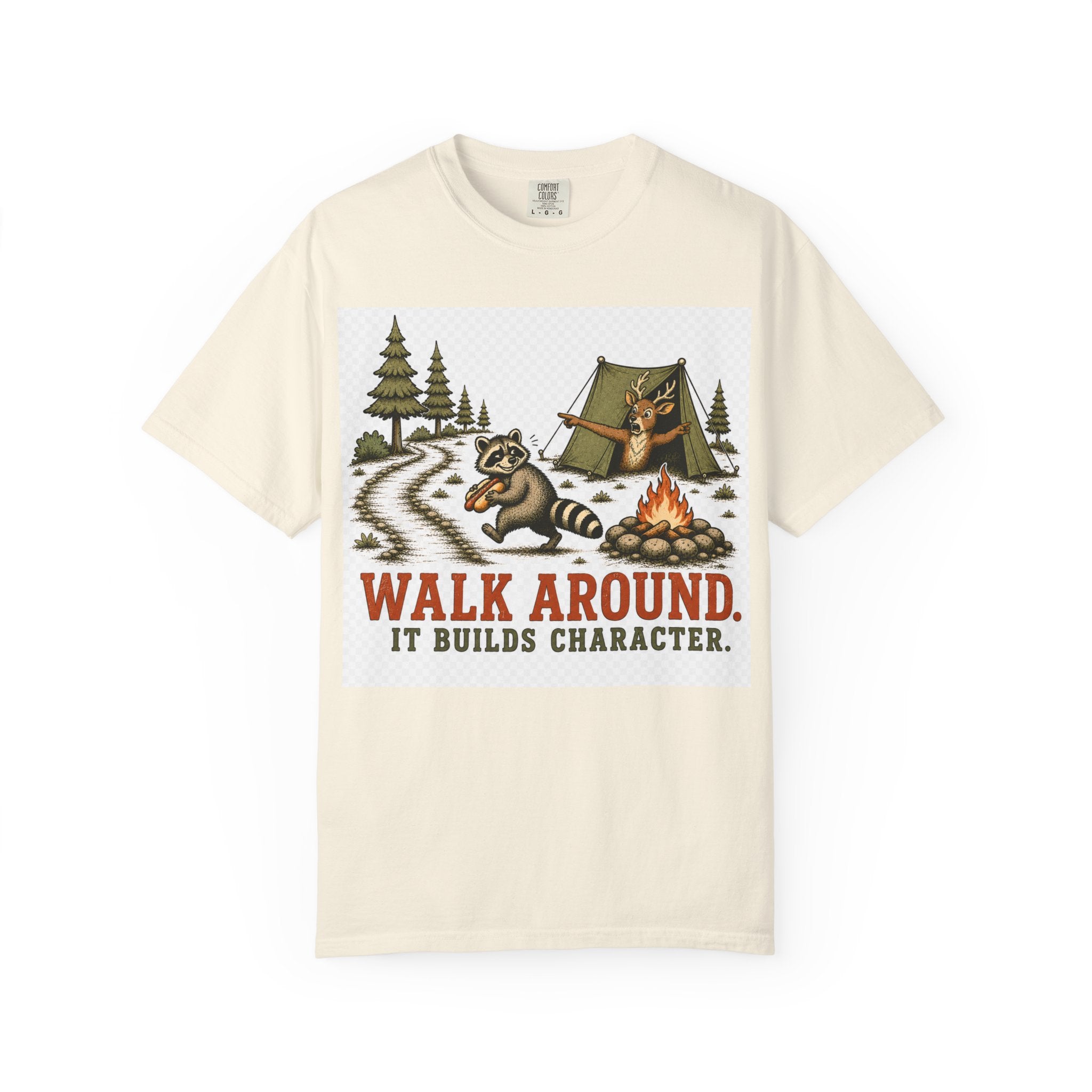 Camping T-Shirt — "Walk Around. It Builds Character." Retro Raccoon Campfire Design