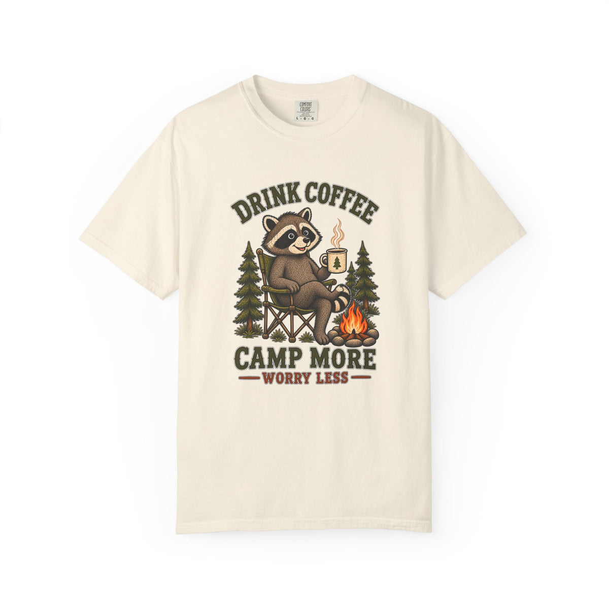 Drink Coffee, Camp More T-Shirt — Cute Raccoon Campfire Graphic