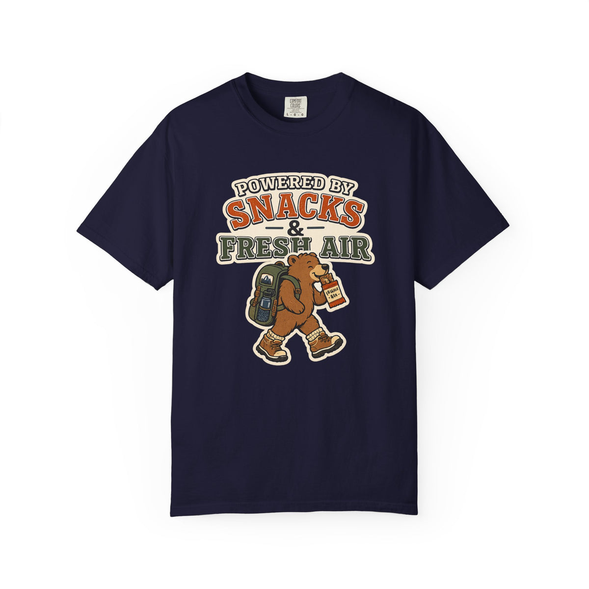 T-Shirt — "Powered by Snacks & Fresh Air" Hiking Bear Graphic Tee