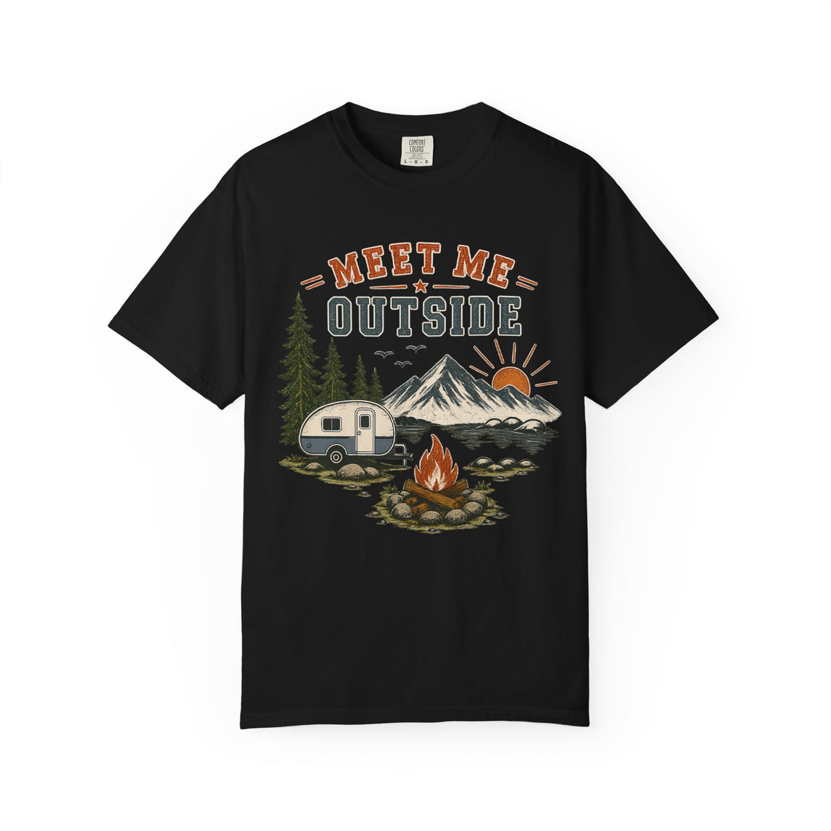 Meet Me Outside Camping T-Shirt — RV Camper, Mountains & Campfire Outdoor Tee