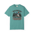 Hide & Seek Champion Camping T-Shirt — Outdoor Tent, Mountains & Trees Design