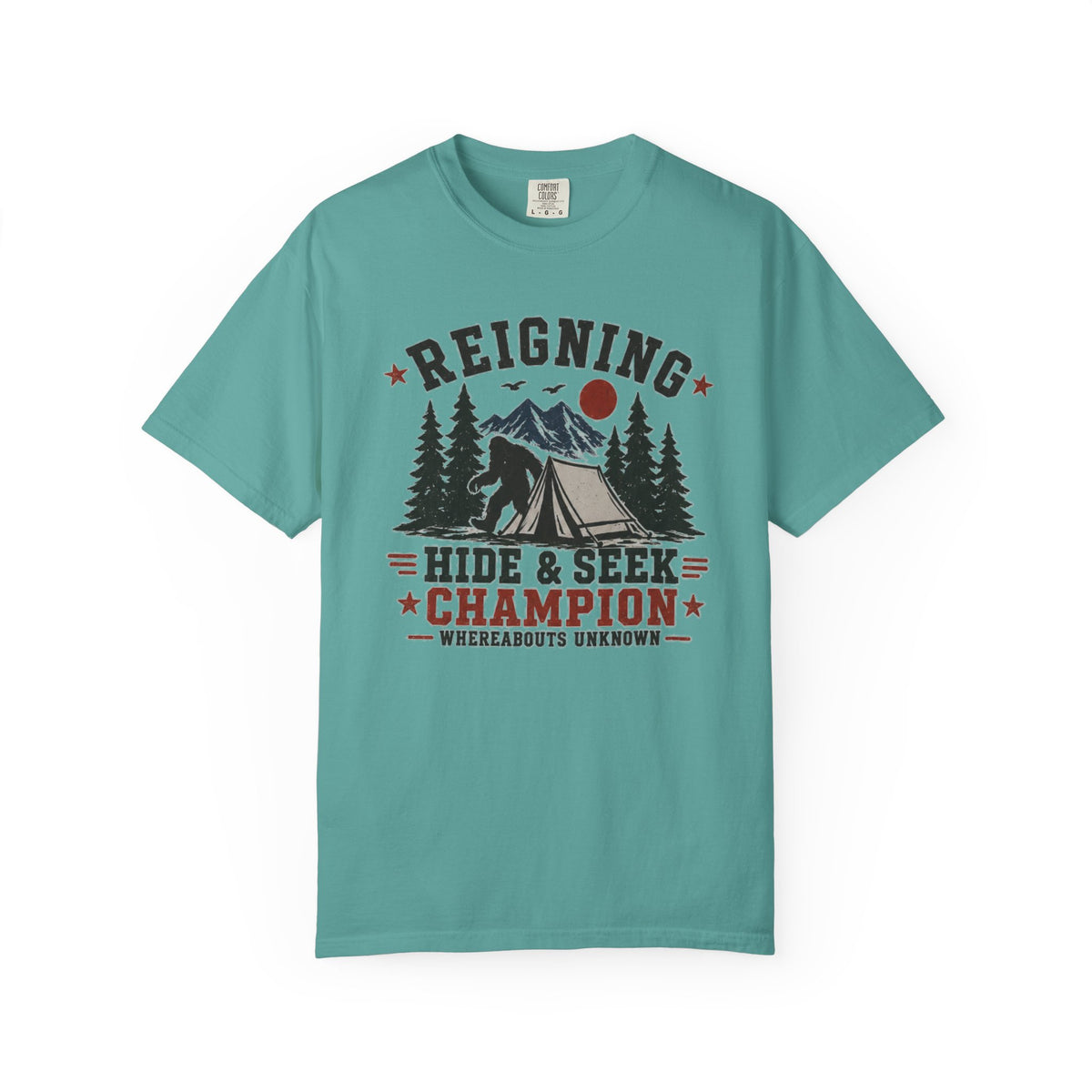 Hide & Seek Champion Camping T-Shirt — Outdoor Tent, Mountains & Trees Design