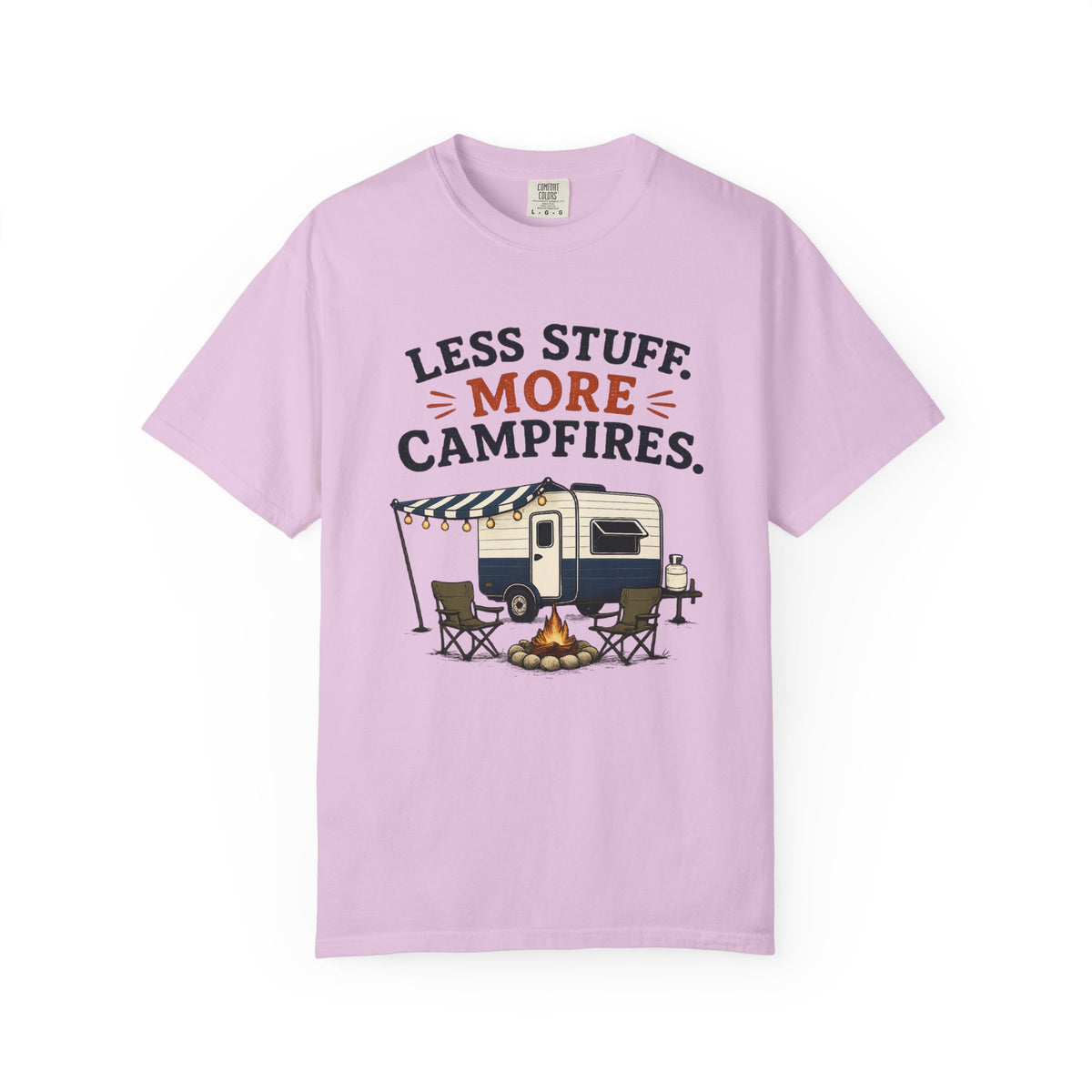 Camping T-Shirt — "Less Stuff, More Campfires" RV & Campfire Graphic Tee