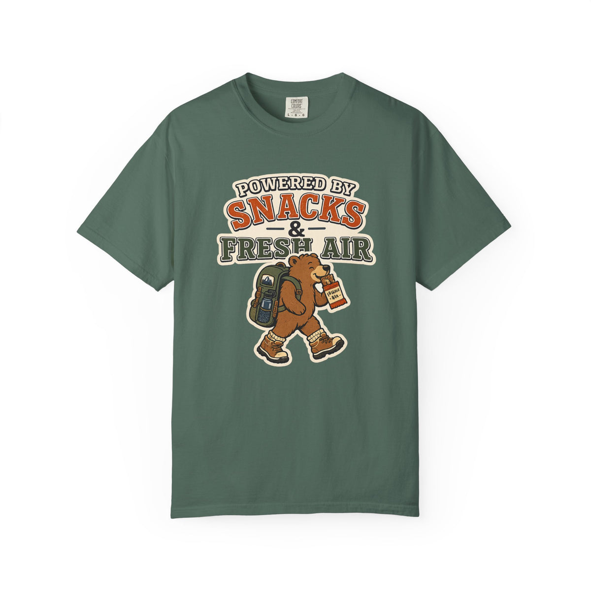T-Shirt — "Powered by Snacks & Fresh Air" Hiking Bear Graphic Tee