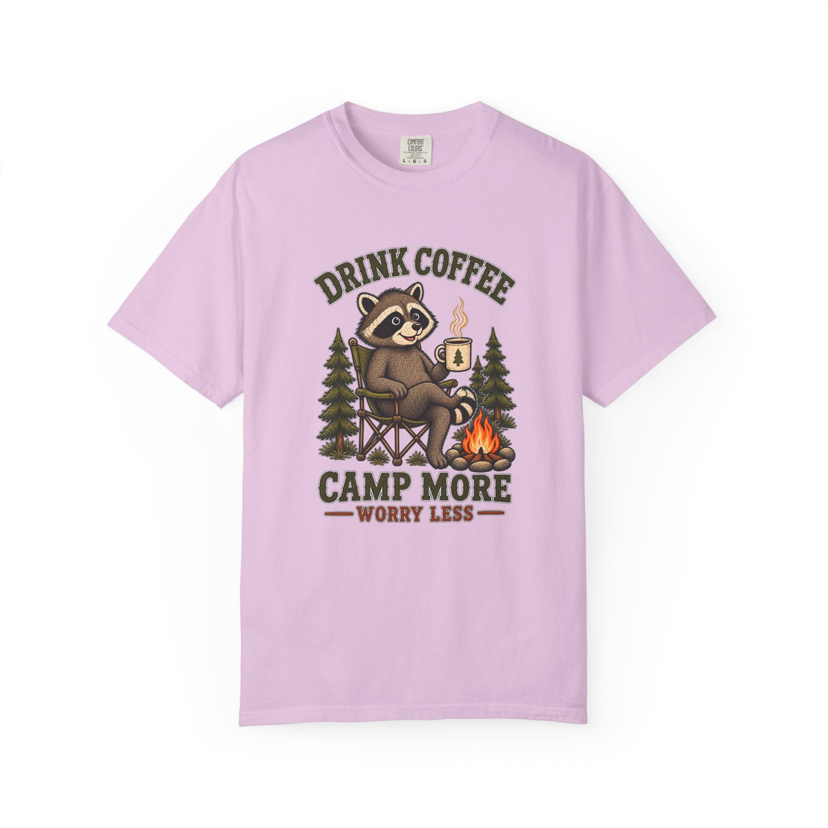 Drink Coffee, Camp More T-Shirt — Cute Raccoon Campfire Graphic