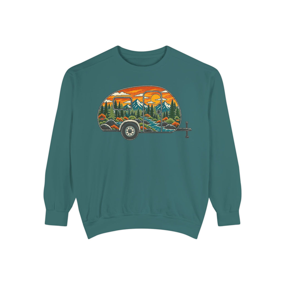 Camper Trailer Crewneck Sweatshirt — Vintage Sunset Mountain RV Camping Design