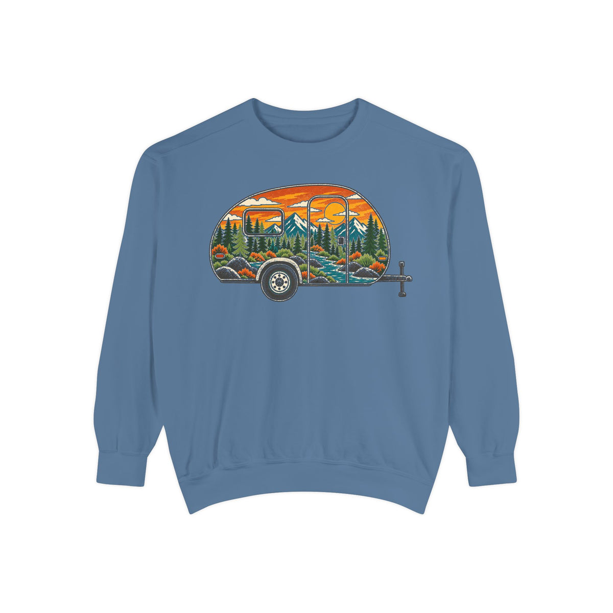 Camper Trailer Crewneck Sweatshirt — Vintage Sunset Mountain RV Camping Design