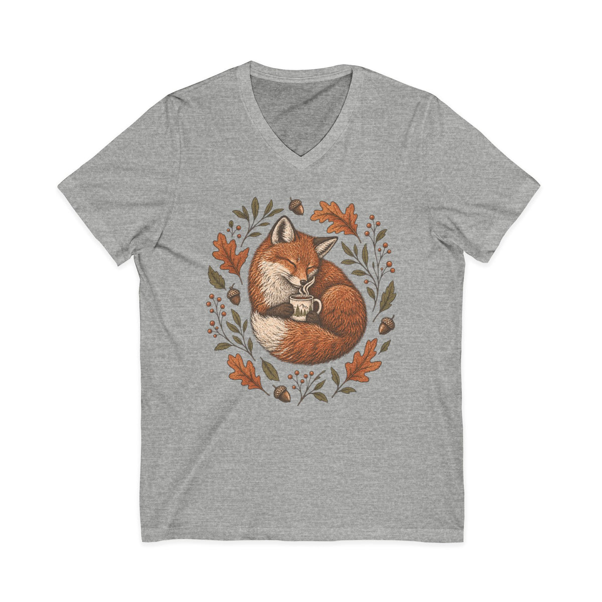 Sleeping Fox V-Neck Tee — Cozy Autumn Fox Illustration Shirt