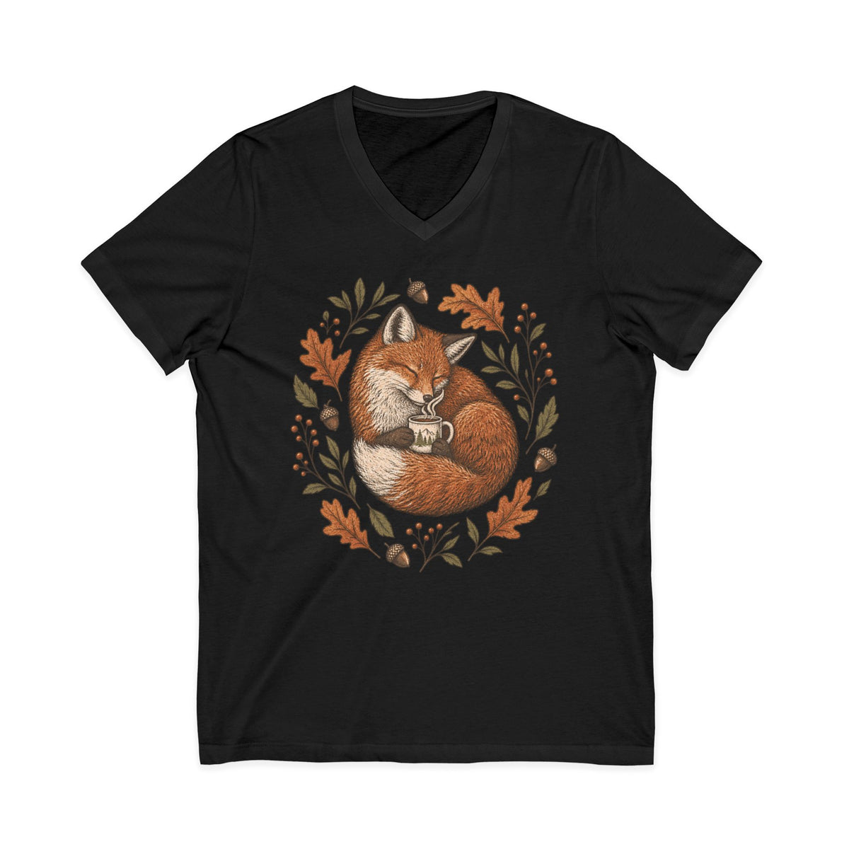 Sleeping Fox V-Neck Tee — Cozy Autumn Fox Illustration Shirt