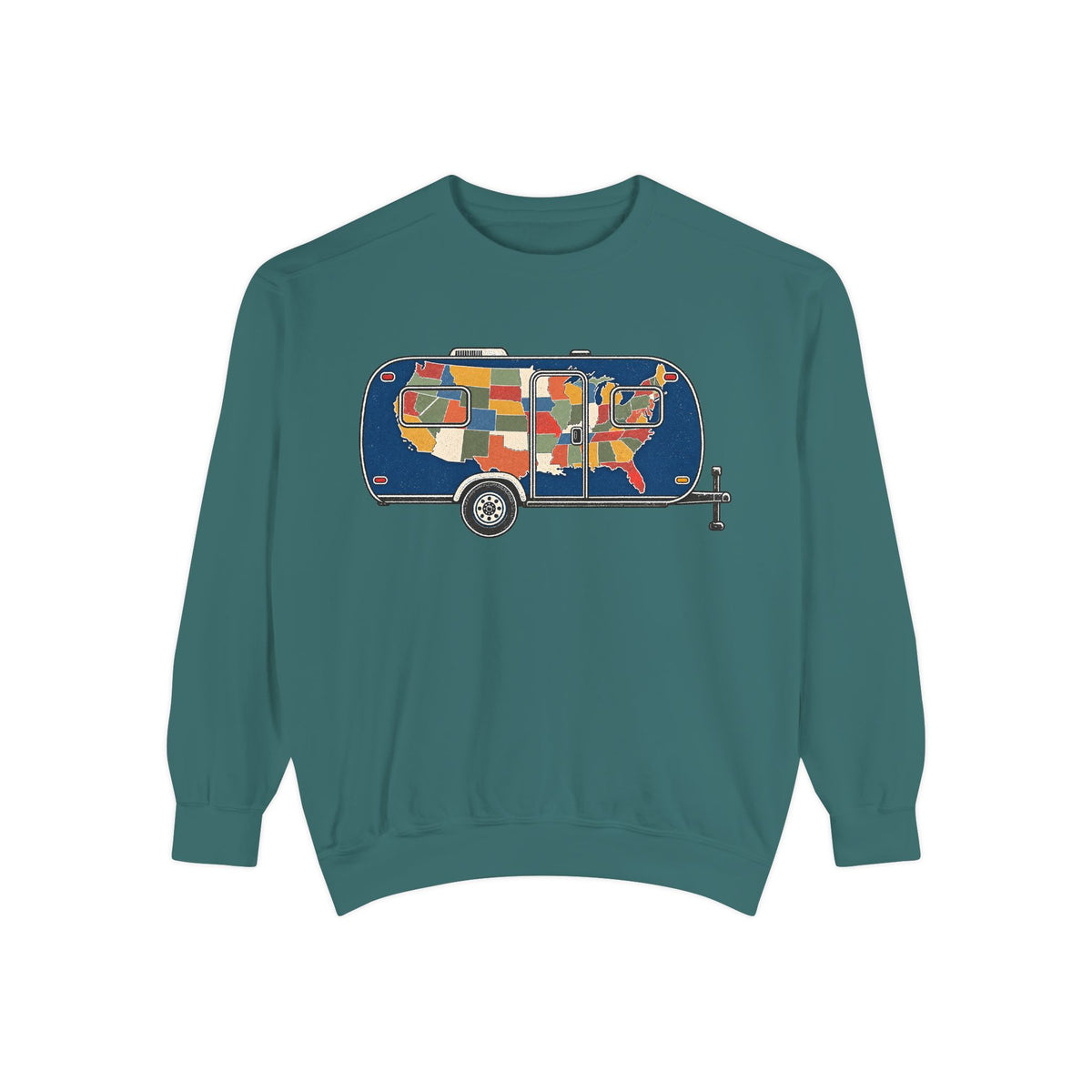 Vintage Camper Sweatshirt — USA Map Trailer Graphic