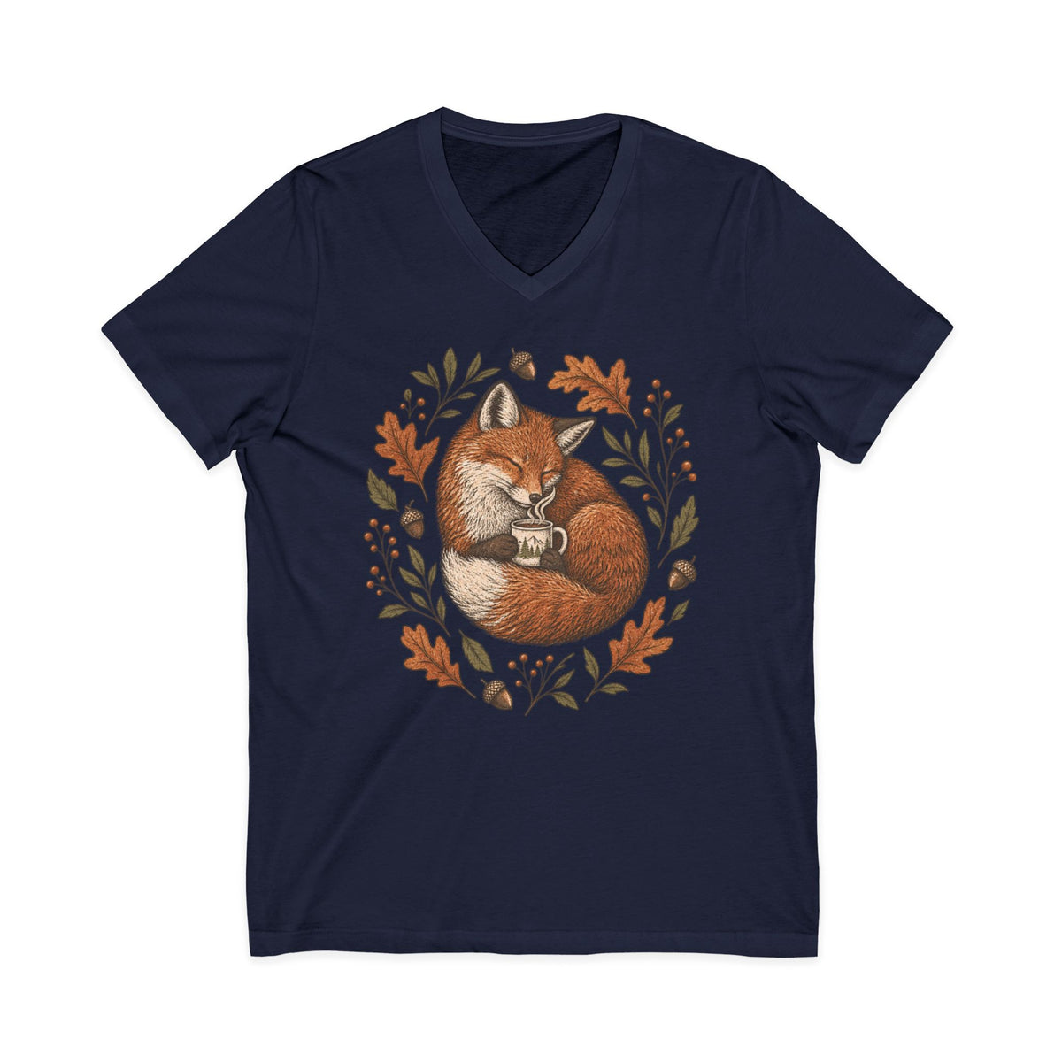 Sleeping Fox V-Neck Tee — Cozy Autumn Fox Illustration Shirt