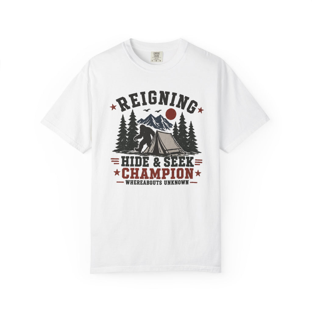 Hide & Seek Champion Camping T-Shirt — Outdoor Tent, Mountains & Trees Design