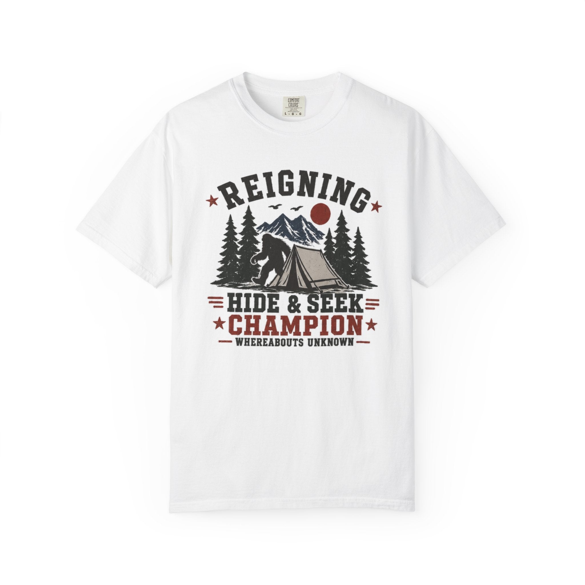 Hide & Seek Champion Camping T-Shirt — Outdoor Tent, Mountains & Trees Design